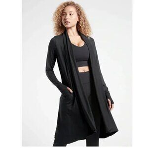 Athleta Pranayama Long Wrap nirvana cardigan medium open black athleisure yoga